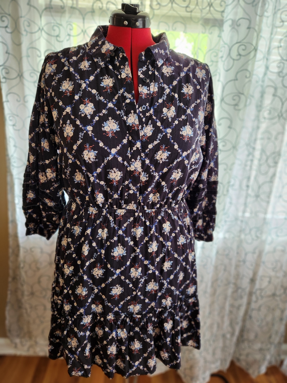 LC Lauren Conrad Navy Floral Button-Front Long Sleeve Dress